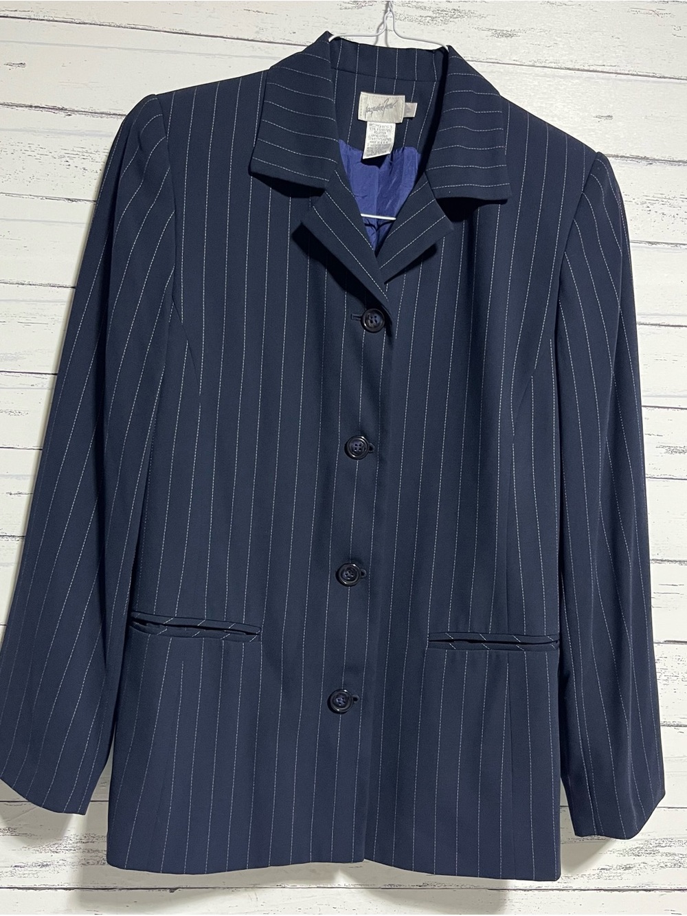 Jacqueline Ferrar Women’s Navy Pinstripe Blazer Jacket Size 6P Career Office